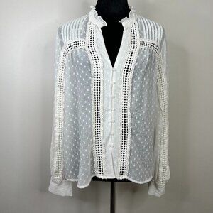 Zara Sheer Swiss Dot Crochet Button Front Ruffle Neck Blouse Size Small